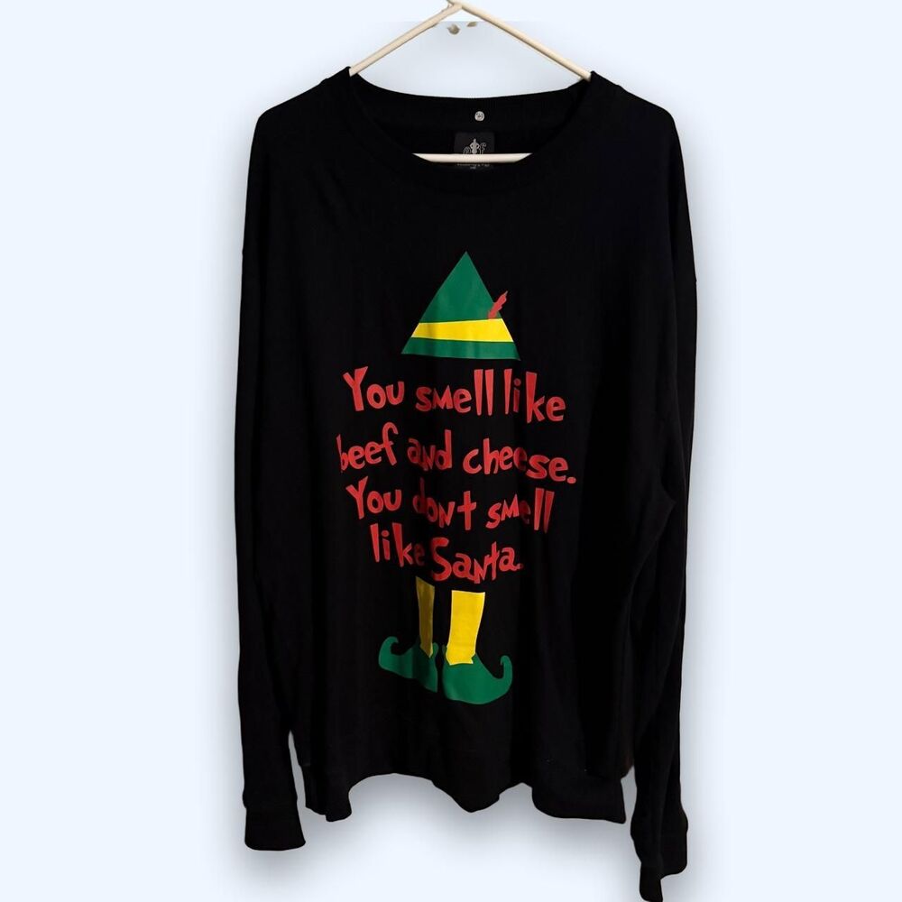 Elf Shirt Movie Long Sleeve Graphic Crewneck Tee Black Holiday Top 2XL